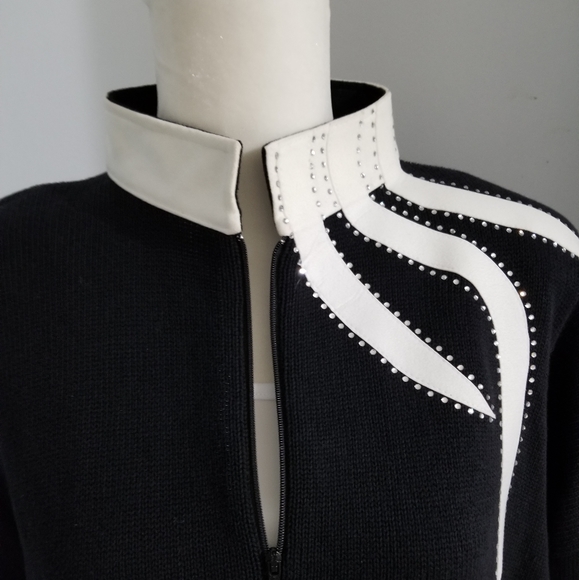 White Suede Rhinestone Trim Black Sweater - Picture 4 of 9